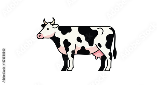 Stylized Holstein dairy cow graphic illustration in cartoon design with a white background showcasing farm animal for children