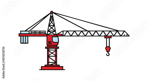 Stylized construction crane illustration featuring red support structure and geometrical design isolated on plain background