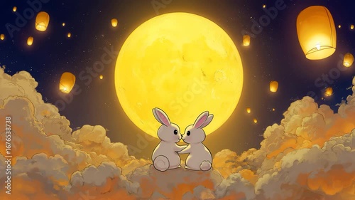 Romantic rabbit on cloud for moon festival, watching sky lantern at night
