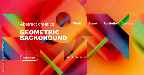 Vibrant abstract design. Geometric shapes overlap, creating dynamic visual effect. Website header with navigation options present.