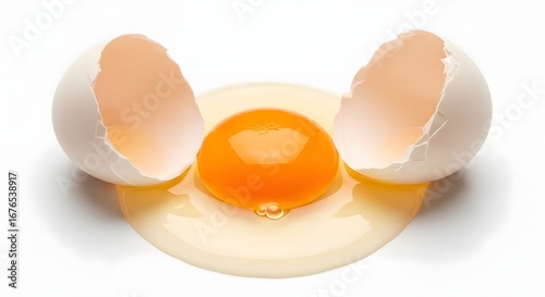 A cracked white egg with its bright orange yolk and clear albumen spread on a white surface.