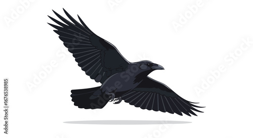 Majestic raven soars effortlessly, embracing freedom with powerful wings against a pure white backdrop minimal vector illustration delivers a sense