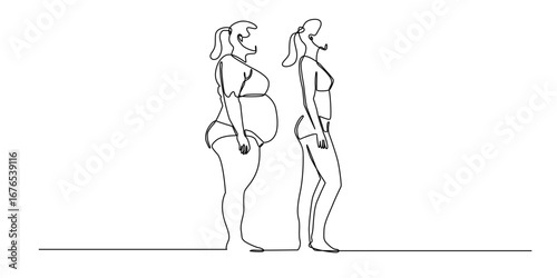 Continuous line art of overweight woman and slim woman. Minimalist body transformation illustration symbolizing diet, fitness, health, weight loss, and lifestyle change.