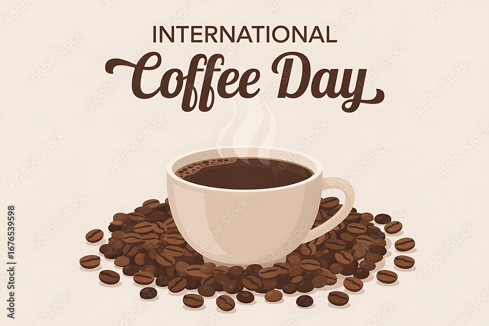 Obraz premium Celebrate International Coffee Day with a warm cup surrounded by rich, aromatic coffee beans