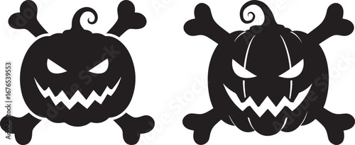 Two spooky halloween pumpkin skull and crossbones silhouette