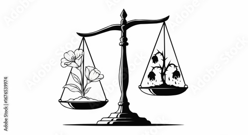Life and Death Balance Illustration with Flowers and Skulls on Scales in Black and White
