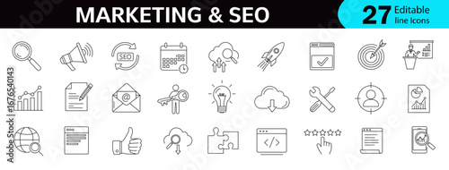 Marketing and SEO outline Icons Set. Editable line vector symbols for digital marketing, search, target, engine optimization, analytics, strategy, and web development.eps