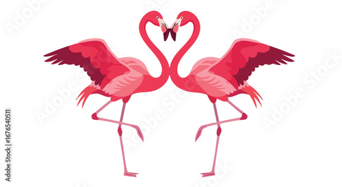 Flamingo pair forming heart shapes with their necks, standing on one leg with wings partially open gracefully showing elegance and balance