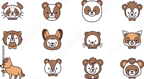 Illustration of twelve cartoon animals with various expressions on white