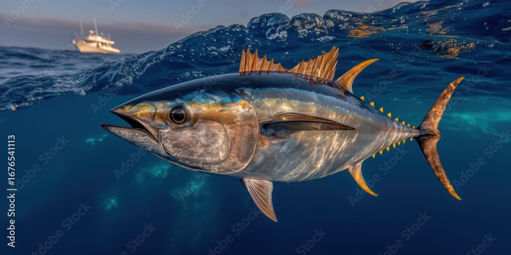 Fototapeta premium Fisherman is catching a giant tuna, battling its strength as he reels it in from the deep blue sea