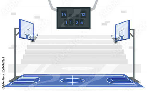 Stylized basketball court scene with geometric elements