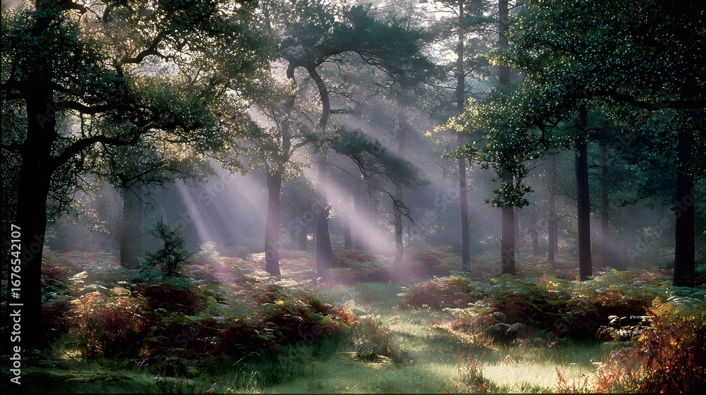 Obraz premium Sunlight streams through a tranquil woodland, illuminating the forest floor with ethereal glow.