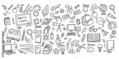 Line art illustration of school supplies and elements. Doodle of back to school
