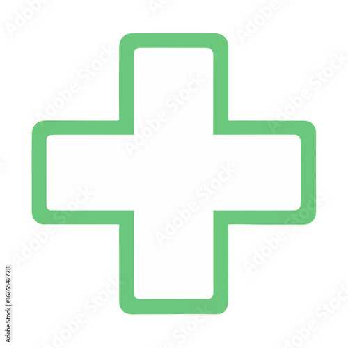 Vector medical cross sign in a clean minimal flat design, green and white, isolated on transparent PNG background, suitable for healthcare branding