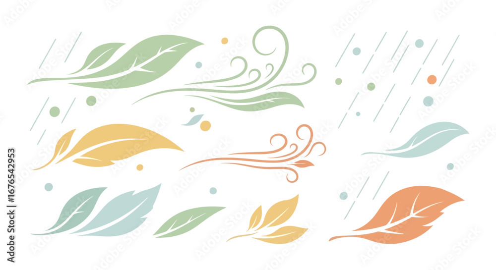 Naklejka premium Leaves and swirls softly floating, gentle breeze design elements for airy and organic illustrations