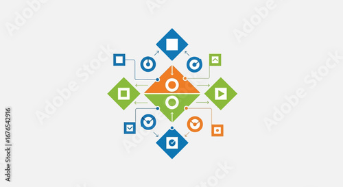 Abstract technological network diagram illustrating interconnected data flow and complex system processes with geometric shapes