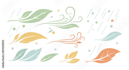 Leaves and swirls softly floating, gentle breeze design elements for airy and organic illustrations