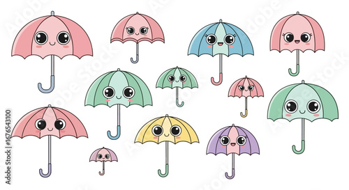 Cute cartoon umbrellas with smiling faces, a whimsical collection of colorful weather accessories