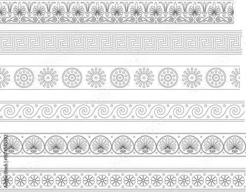 A collection of black-and-white or grayscale vector illustrations of ancient Greek and Roman ornamental seamless borders with various classic patterns.