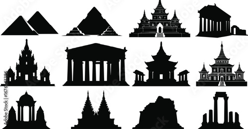 Ancient temples, historical monuments, cultural landmarks, pyramid silhouettes, world architecture, travel icons, heritage buildings, famous ruins, global tourism, historic sites