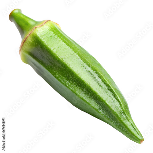 A single, fresh green okra pod, a popular vegetable known for its ribbed texture and tapered shape, isolated on a stark transparent background