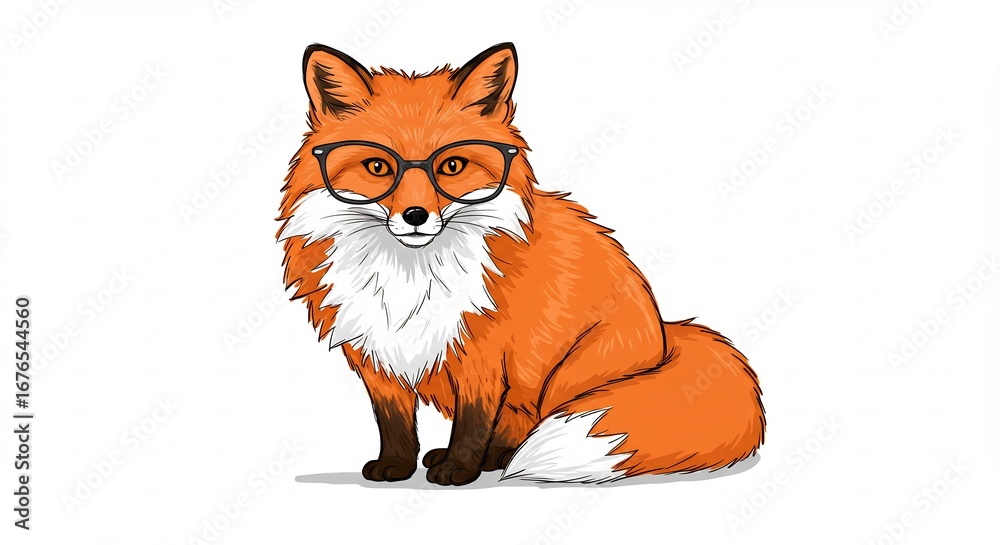 Obraz premium 賢いキツネ眼鏡姿 優しい光で描写 精密な線画イラスト. AI Generated