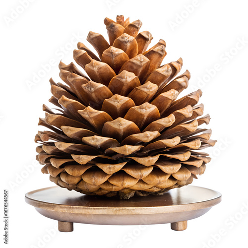 A single, large, brown pine cone with open scales, resting on a small, round, bronzecolored dish, isolated on a transparent background