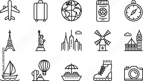 A collection of travel and tourism icons perfect for showcasing popular destinations and adventurous journeys around the world.

