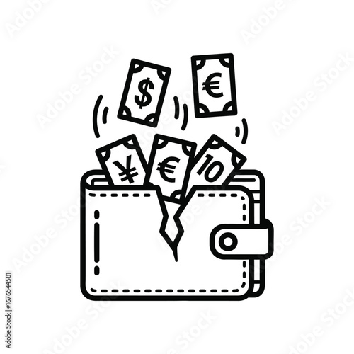 Financial Ruin: A visual representation of financial struggle, with a wallet overflowing and torn, money notes escaping.