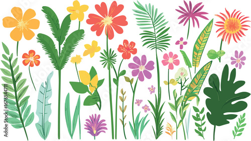 Vibrant hand drawn botanical illustration of a diverse garden filled with colorful flowers and greenery