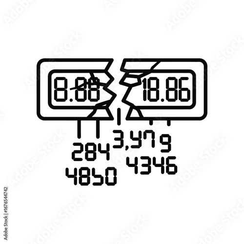 Data breach icon: a visual representation of a data breach, with a broken digital display illustrating the concept of data compromised and loss.