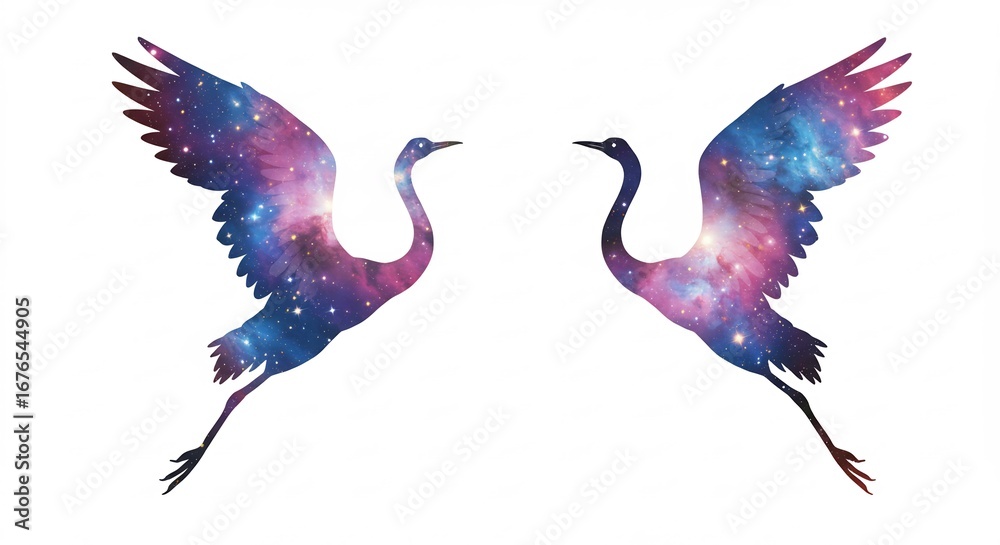 Obraz premium 宇宙輝く鶴 二羽優雅に舞う 神秘的幻想的デザイン. AI Generated