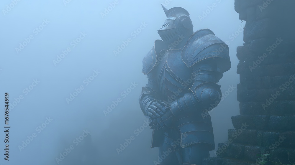 Fototapeta premium A formidable figure in antique armor stands watch in a misty landscape.