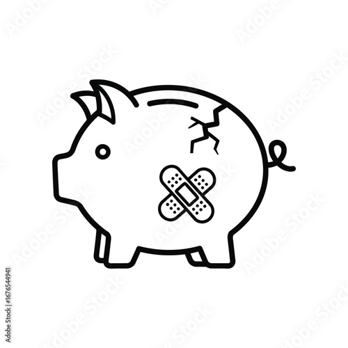 Broken Piggy Bank: A simple illustration of a damaged piggy bank, symbolizing financial challenges, struggles, and the need for financial recovery. The image portrays the concept of money, economics.