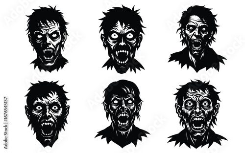 terrifying zombie heads with detailed expressions and dark gritty style. Terrifying Zombie Silhouette Face Set