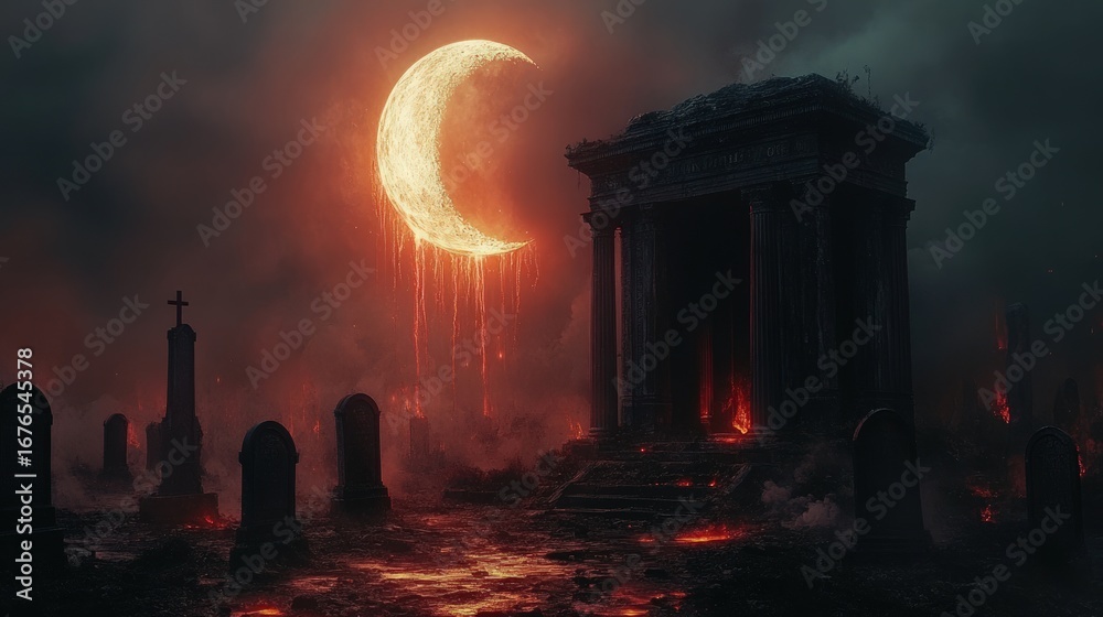 Fototapeta premium Crimson moon hangs over ruined graveyard