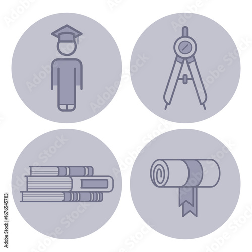 Collection of four line icons representing education themes. Graduate, drafting tools, stacks of books, and diploma, all in modern design