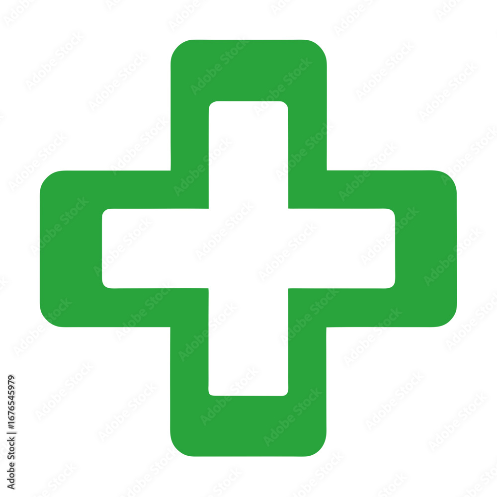 Obraz premium Vector medical cross sign in a clean minimal flat design, green and white, isolated on transparent PNG background, suitable for healthcare branding