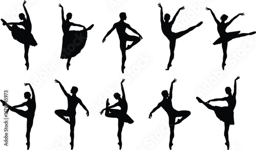 Ballet dancer silhouettes, elegant poses, graceful movement, classical dance, ballerina performance, artistic expression, stage performance, contemporary ballet, dance art, choreography