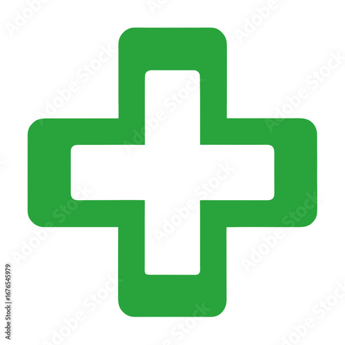 Vector medical cross sign in a clean minimal flat design, green and white, isolated on transparent PNG background, suitable for healthcare branding