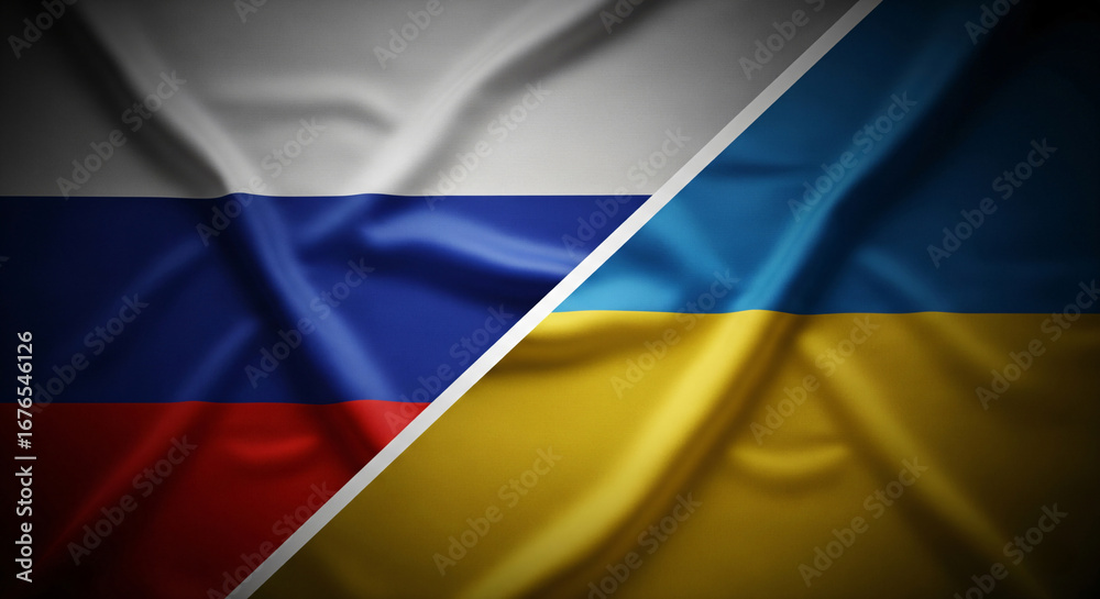 Fototapeta premium Russia And Ukraine Fabric Flags Diagonal Split Screen With High Detail Texture And Folds Covering Full Canvas Natural Lighting Conflict JPG
