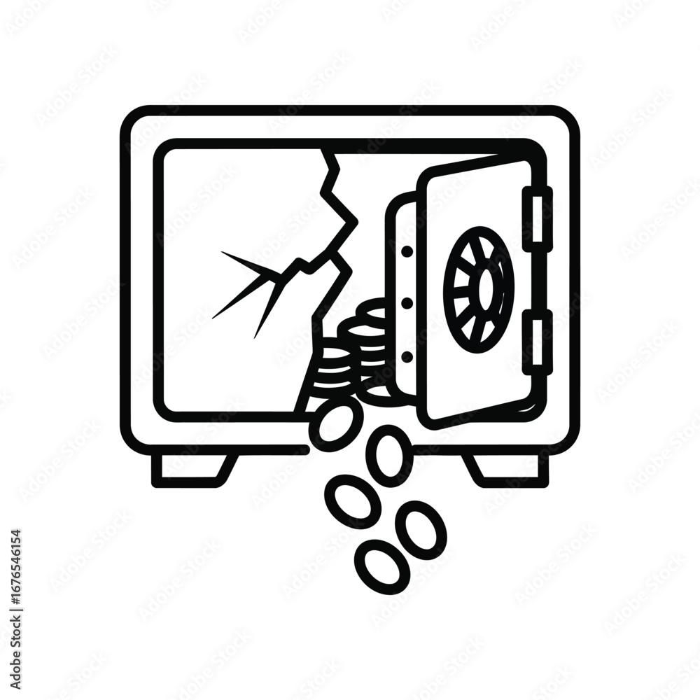 Security breach: The stark simplicity of a broken safe, its door ajar, spilling forth a cascade of coins, evokes a sense of violated trust and financial loss. Security breach: The stark simplicity of a broken safe, its door ajar, spilling forth a cascade of coins, evokes a sense of violated trust and financial loss.
