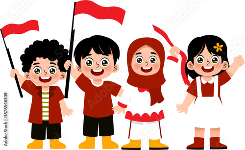 illustration of Indonesian children with red and white attributes