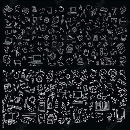 Line art illustration of school supplies and elements. Doodle of back to school in black background