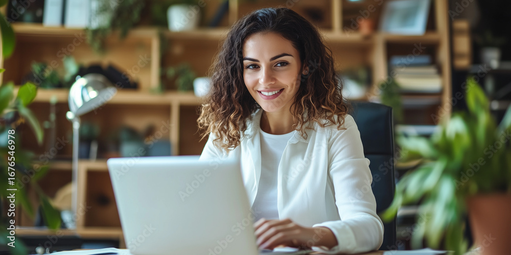 Fototapeta premium Successful Hispanic Entrepreneur in a Sustainable and Green Office Environment.