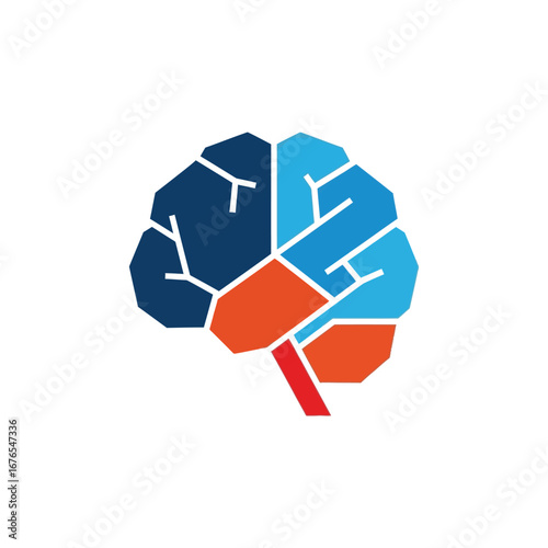 Stylized brain illustration with geometric shapes, featuring blue, light blue, and orange color blocks, isolated on a white background.