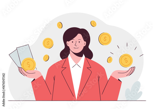 Successful businesswoman juggling golden coins and cash, symbolizing financial growth and wealth accumulation, perfect for marketing