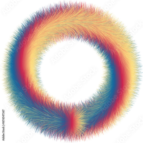 Vibrant rainbow torus with textured surface and circular opening on a white background