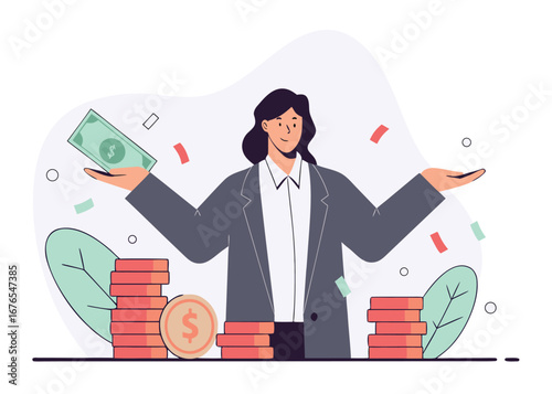 Successful businesswoman celebrating financial gain with cash and coins representing profit and investment returns