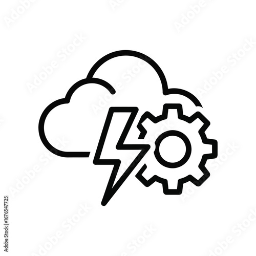 Cloud Computing and Tech: A symbolic representation of technological innovation, showcasing a cloud, gear and lightning bolt, embodying the core concepts of data, processing power and connectivity.